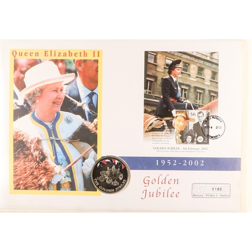 9 - COIN COVERS 2002 QEII GOLDEN JUBILEE world collection in eight albums, includes over ten with £5 coi... 