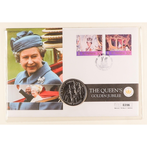 9 - COIN COVERS 2002 QEII GOLDEN JUBILEE world collection in eight albums, includes over ten with £5 coi... 