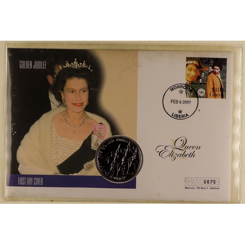 9 - COIN COVERS 2002 QEII GOLDEN JUBILEE world collection in eight albums, includes over ten with £5 coi... 