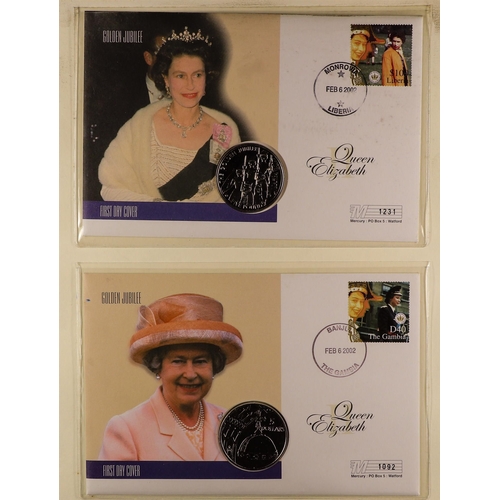 9 - COIN COVERS 2002 QEII GOLDEN JUBILEE world collection in eight albums, includes over ten with £5 coi... 