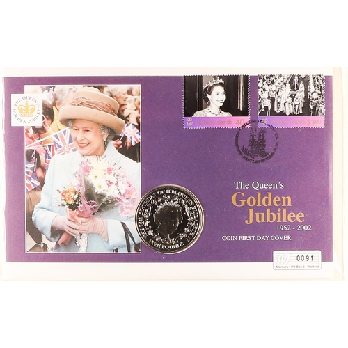 9 - COIN COVERS 2002 QEII GOLDEN JUBILEE world collection in eight albums, includes over ten with £5 coi... 