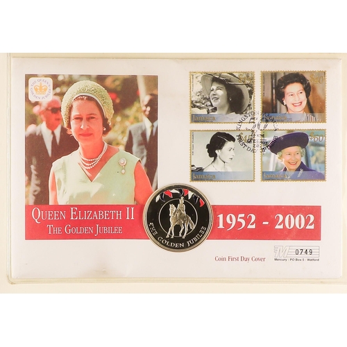 9 - COIN COVERS 2002 QEII GOLDEN JUBILEE world collection in eight albums, includes over ten with £5 coi... 