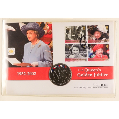 9 - COIN COVERS 2002 QEII GOLDEN JUBILEE world collection in eight albums, includes over ten with £5 coi... 