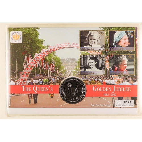 9 - COIN COVERS 2002 QEII GOLDEN JUBILEE world collection in eight albums, includes over ten with £5 coi... 