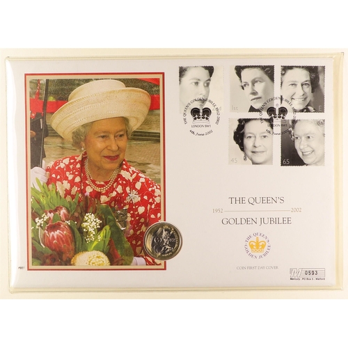 9 - COIN COVERS 2002 QEII GOLDEN JUBILEE world collection in eight albums, includes over ten with £5 coi... 