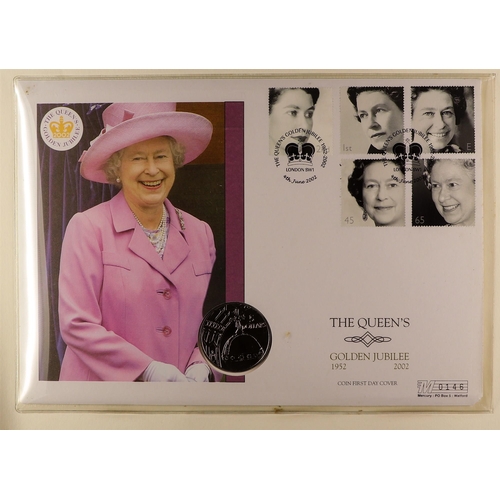 9 - COIN COVERS 2002 QEII GOLDEN JUBILEE world collection in eight albums, includes over ten with £5 coi... 