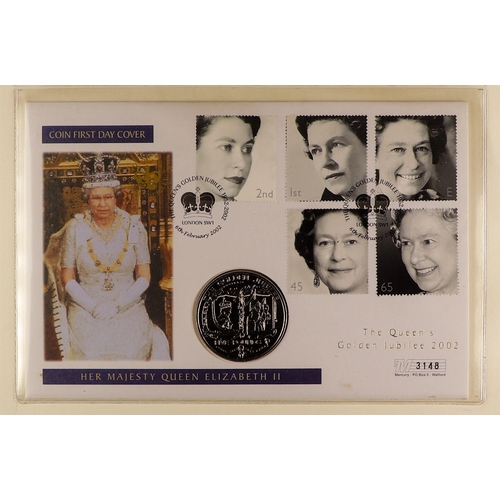 9 - COIN COVERS 2002 QEII GOLDEN JUBILEE world collection in eight albums, includes over ten with £5 coi... 