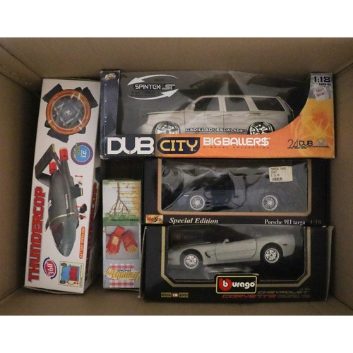 24 - BOXED CARS and other items. Includes Burago Chevrolet, Maisto Porsche, Auto Art Nissan, Big Ballers ... 