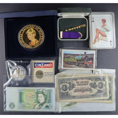 40 - COLLECTORS BOX of postcards, coins (including Cook Is $5 gold plated coin with diamonds), bank notes... 