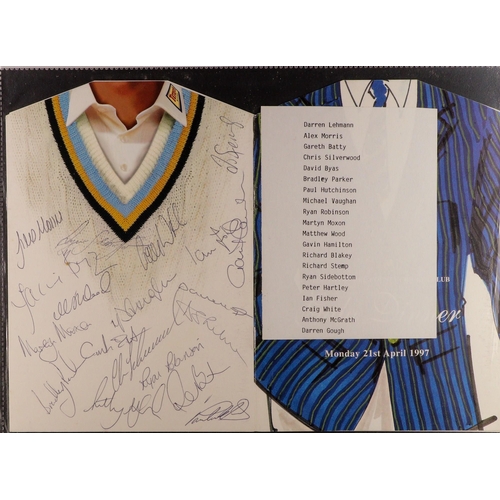 60 - CRICKET - SIGNED ITEMS. A folder or various items which includes a letter from Dickie Bird, menus, p... 