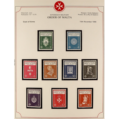 107 - SOVEREIGN MILITARY ORDER OF MALTA. 1966 - 1990 COLLECTION in 3 albums of never hinged mint stamps, m... 