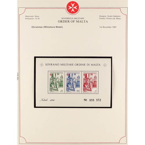 107 - SOVEREIGN MILITARY ORDER OF MALTA. 1966 - 1990 COLLECTION in 3 albums of never hinged mint stamps, m... 