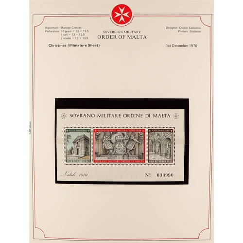 107 - SOVEREIGN MILITARY ORDER OF MALTA. 1966 - 1990 COLLECTION in 3 albums of never hinged mint stamps, m... 