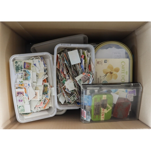 110 - 2 CARTONS WITH INTERESTING CONTENTS from an advanced collectors estate, loose stamps in tubs and sim... 