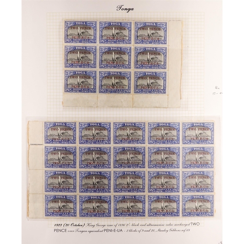 1298 - TONGA 1923-24 2d surcharges collection of positional mint blocks, some with backing paper. Stc £3000... 