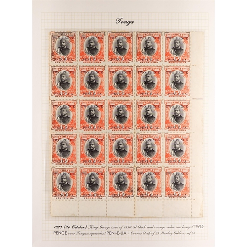 1298 - TONGA 1923-24 2d surcharges collection of positional mint blocks, some with backing paper. Stc £3000... 