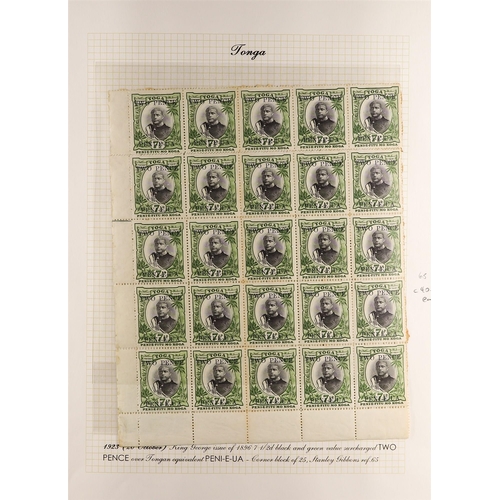 1298 - TONGA 1923-24 2d surcharges collection of positional mint blocks, some with backing paper. Stc £3000... 