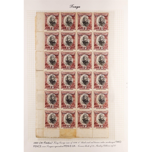 1298 - TONGA 1923-24 2d surcharges collection of positional mint blocks, some with backing paper. Stc £3000... 