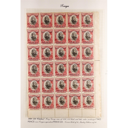 1298 - TONGA 1923-24 2d surcharges collection of positional mint blocks, some with backing paper. Stc £3000... 