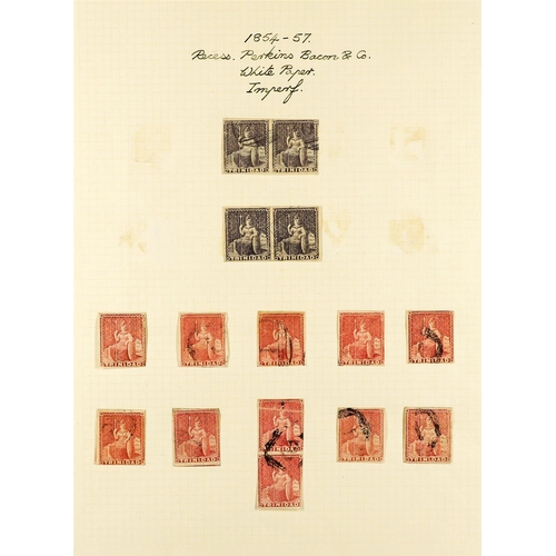 1304 - TRINIDAD 1851 - 1859 IMPERFORATES COLLECTION of 42 used stamps on pages, includes 1851-55 1d (19, in... 