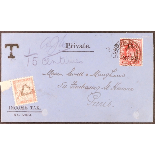 1622 - GB.EDWARD VII I. R. OFFICIAL 1904 (5 Jan) Income Tax envelope addressed to Paris bearing 1d scarlet ... 