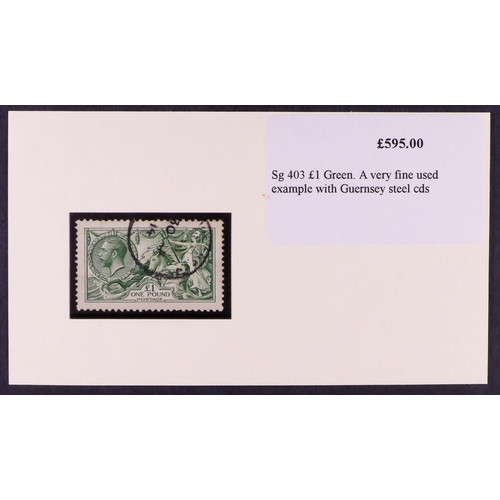 1638 - GB.GEORGE V 1913 £1 green Seahorse, SG 403, very fine used Guernsey 1914 cds cancellation with a sho... 