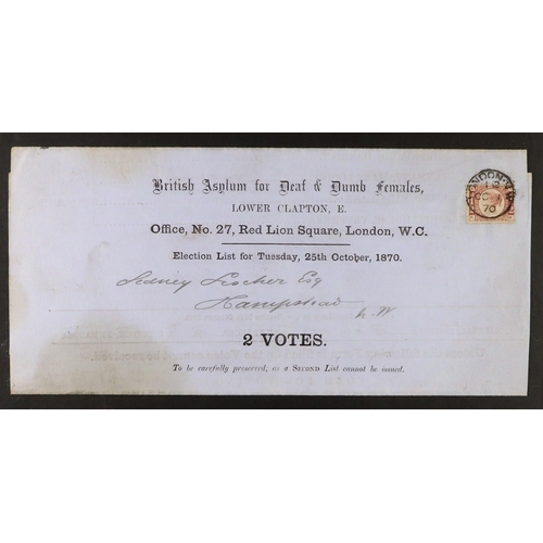 1810 - GB.FIRST DAY COVERS 1870 (1 Oct) ½d rose plate 1 tied by superb upright first day of issue London cd... 