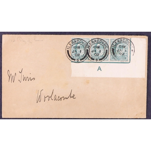 1812 - GB.FIRST DAY COVERS 1902 (1 Jan) ½d blue-green corner strip 3 with control ‘A’ tied to neat envelope... 