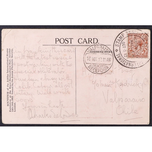 1816 - GB.FIRST DAY COVERS 1912 (15 Oct) postcard to Chile bearing 1½d brown (wmk Royal Cypher) tied by Int... 