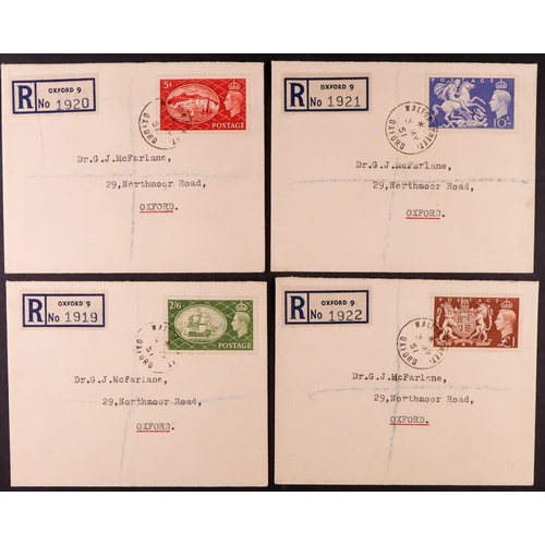 1834 - GB.FIRST DAY COVERS 1951 (3 May) four matching registered envelopes with typed addresses bearing the... 