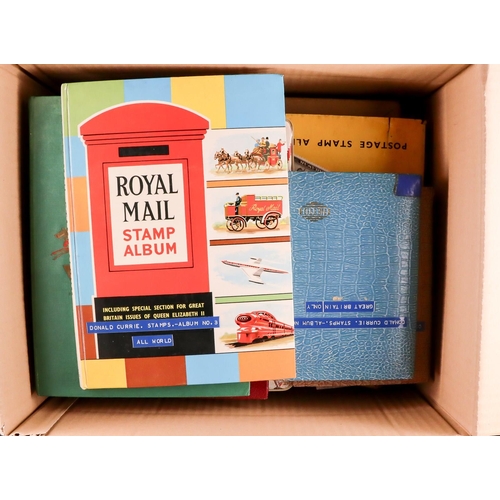 186 - CHARITY BOXES with junior albums, stamps on pages, in packets, in tubs and boxes, both on and off pa... 