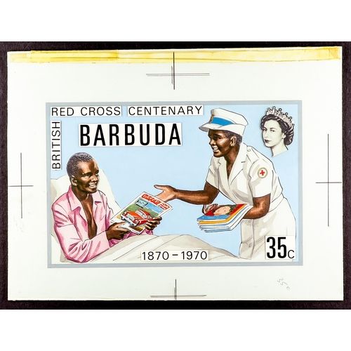 204 - ANTIGUA & BARBUDA BARBUDA ORIGINAL ARTWORK. 1970 Red Cross Centenary group of 3 hand painted artists... 