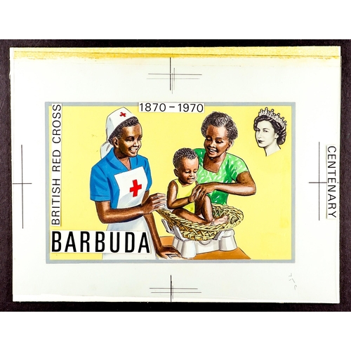 204 - ANTIGUA & BARBUDA BARBUDA ORIGINAL ARTWORK. 1970 Red Cross Centenary group of 3 hand painted artists... 