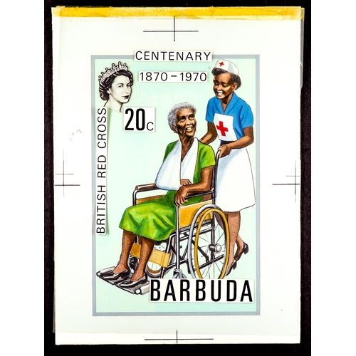 204 - ANTIGUA & BARBUDA BARBUDA ORIGINAL ARTWORK. 1970 Red Cross Centenary group of 3 hand painted artists... 