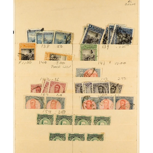 206 - ARGENTINA 1858 - 1980's USED STOCK with light duplication on old manilla stock pages in a box, note ... 