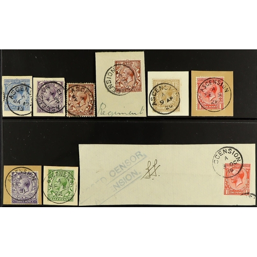 222 - ASCENSION GREAT BRITAIN USED IN ASCENSION 1912-1922 stamps (chiefly on pieces) cancelled with Ascens... 