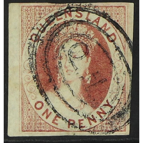 223 - AUSTRALIAN STATES QUEENSLAND 1860. 1d carmine-rose imperf, SG 1, used with 4 margins, signed Diena. ... 