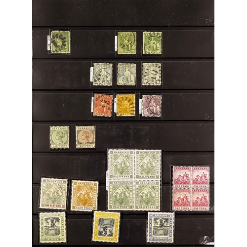 275 - BARBADOS 1861 - 1935 ASSORTMENT of mint and used stamps on protective pages, Britannias to 1s, 1916-... 