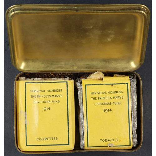 4 - 1914 WWI PRINCESS MARY CHRISTMAS TIN with 15 cigarettes and near full tobacco packet. Lot 4 (BS) [a]