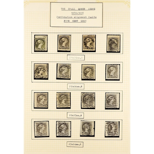 442 - CANADA 1870 - 1897 SMALL QUEENS collection annotated on album pages of over 250 used stamps with per... 