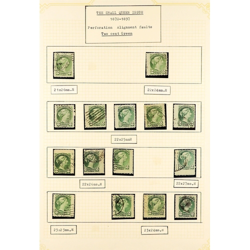 442 - CANADA 1870 - 1897 SMALL QUEENS collection annotated on album pages of over 250 used stamps with per... 