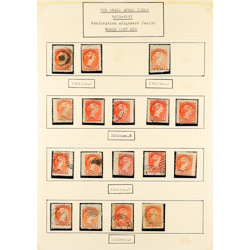 442 - CANADA 1870 - 1897 SMALL QUEENS collection annotated on album pages of over 250 used stamps with per... 