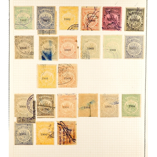 535 - EL SALVADOR REVENUE STAMPS COLLECTION of 1883 - 1919 issues on album leaves, note Documentary, Contr... 