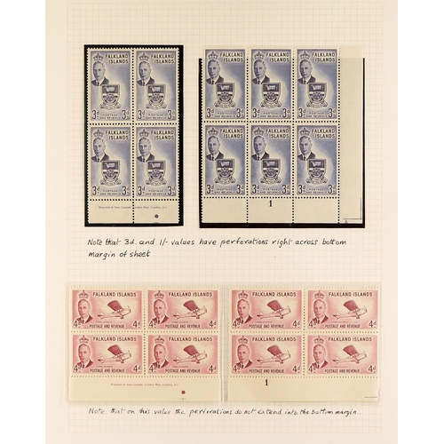 545 - FALKLAND IS. 1952 Pictorial issue, with the set mint, plus imprint or plate blocks to 2s.6d (the 4d ... 