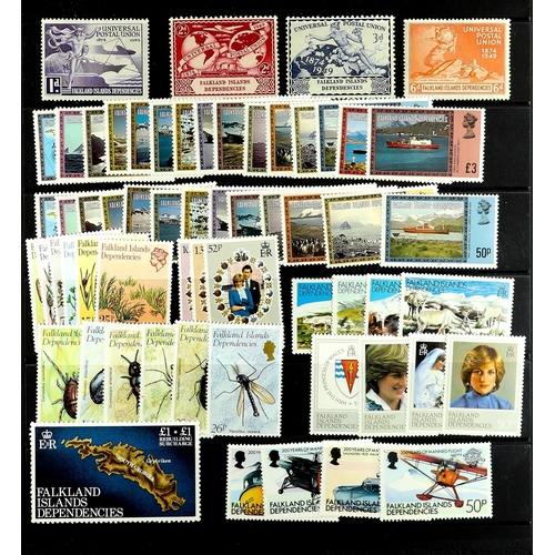 550 - FALKLAND IS. DEPS. 1944 - 2000 NEVER HINGED MINT stamps, sets, miniature sheets, accumulation on pro... 