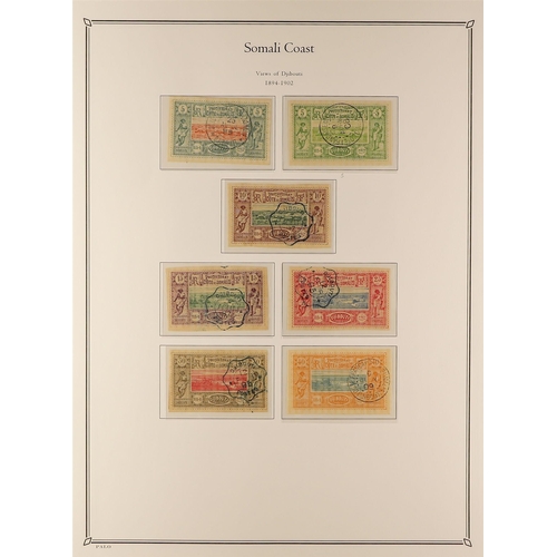 593 - FRENCH COLONIES DJIBOUTI 1894 - 1902 USED COLLECTION of 31 stamps on colour - illustrated album page... 