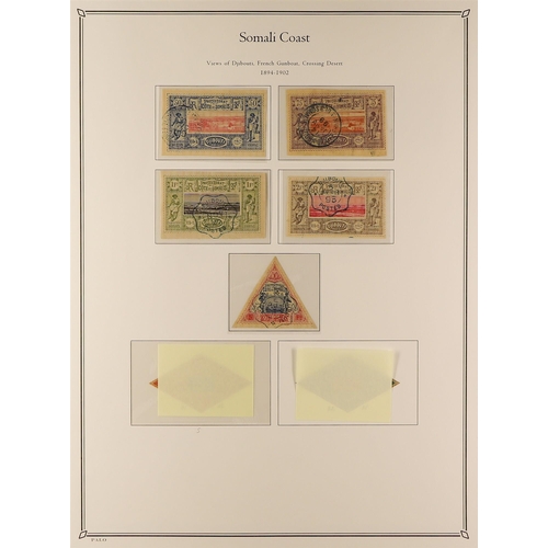 593 - FRENCH COLONIES DJIBOUTI 1894 - 1902 USED COLLECTION of 31 stamps on colour - illustrated album page... 