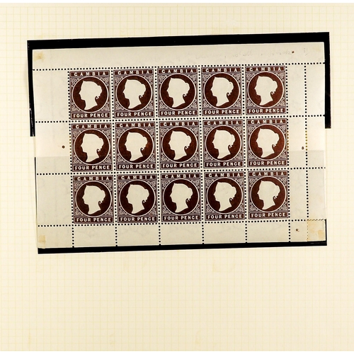 640 - GAMBIA 1886-93 COMPLETE SHEETLETS. Group of 3 complete sheets of 15 stamps with full sheet margins, ... 