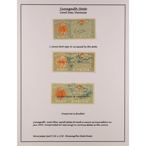 785 - INDIAN FEUDATORY STATES REVENUE STAMPS COLLECTION expertly written-up on pages, Baswara to Wankaner ... 