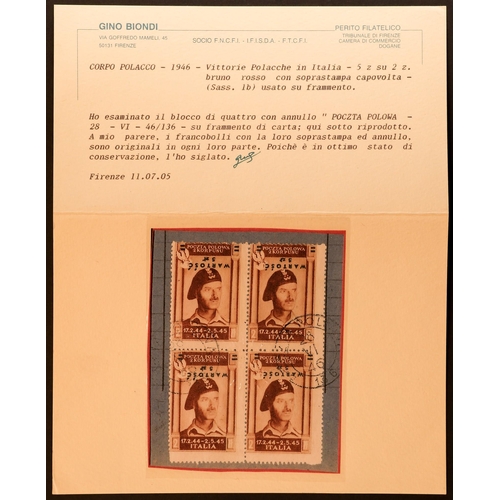 832 - ITALY POLISH CORPS AIR POST 1946 5z on 2z red-brown General Anders block of 4 with overprints invert... 